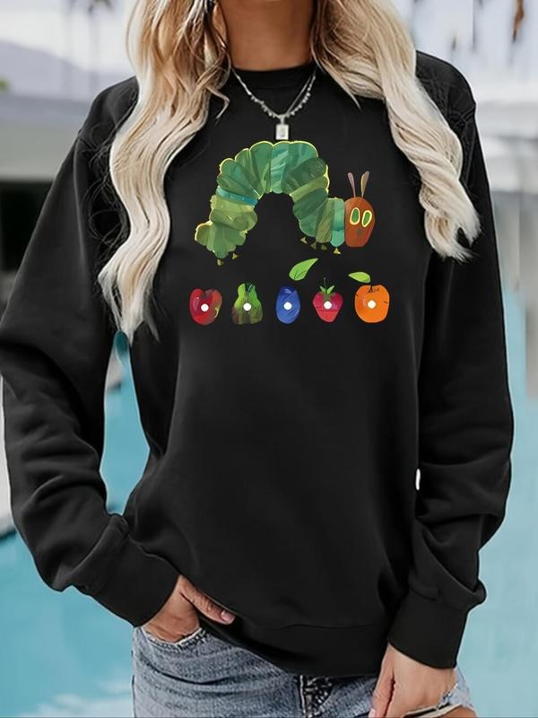 Women'WB shield Cartoon Caterpillar & Fruit Print Drop Shoulder Sweatshirt, Casual Long Sleeve Round Neck Pullover for...