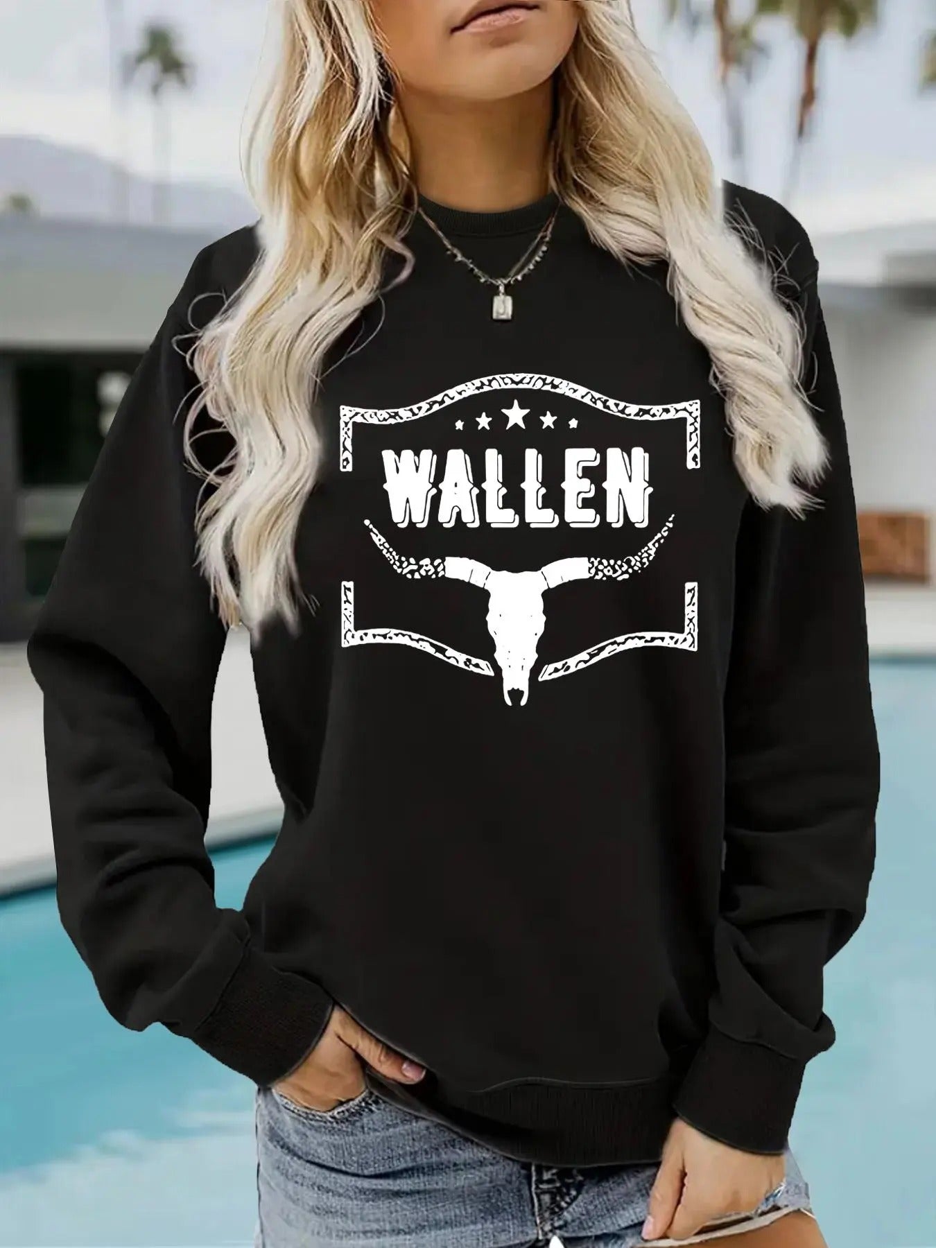 Women'WB shield Cartoon Cattle Head & Letter Print Drop Shoulder TNF Lined Sweatshirt, Casual Long Sleeve Round Neck...