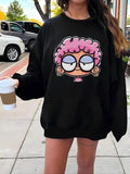 Women'WB shield Cartoon Character Print Round Neck Sweatshirt, Swoosh Count Casual Long Sleeve Pullover for Fall &...