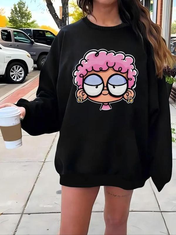 Women'WB shield Cartoon Character Print Round Neck Sweatshirt, Swoosh Count Casual Long Sleeve Pullover for Fall &...