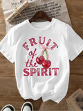 Women'WB shield Cartoon Cherry & Letter Print Round Neck Tee, Fashion Casual Crew Neck T-Shirt for Daily Holiday Vacation...