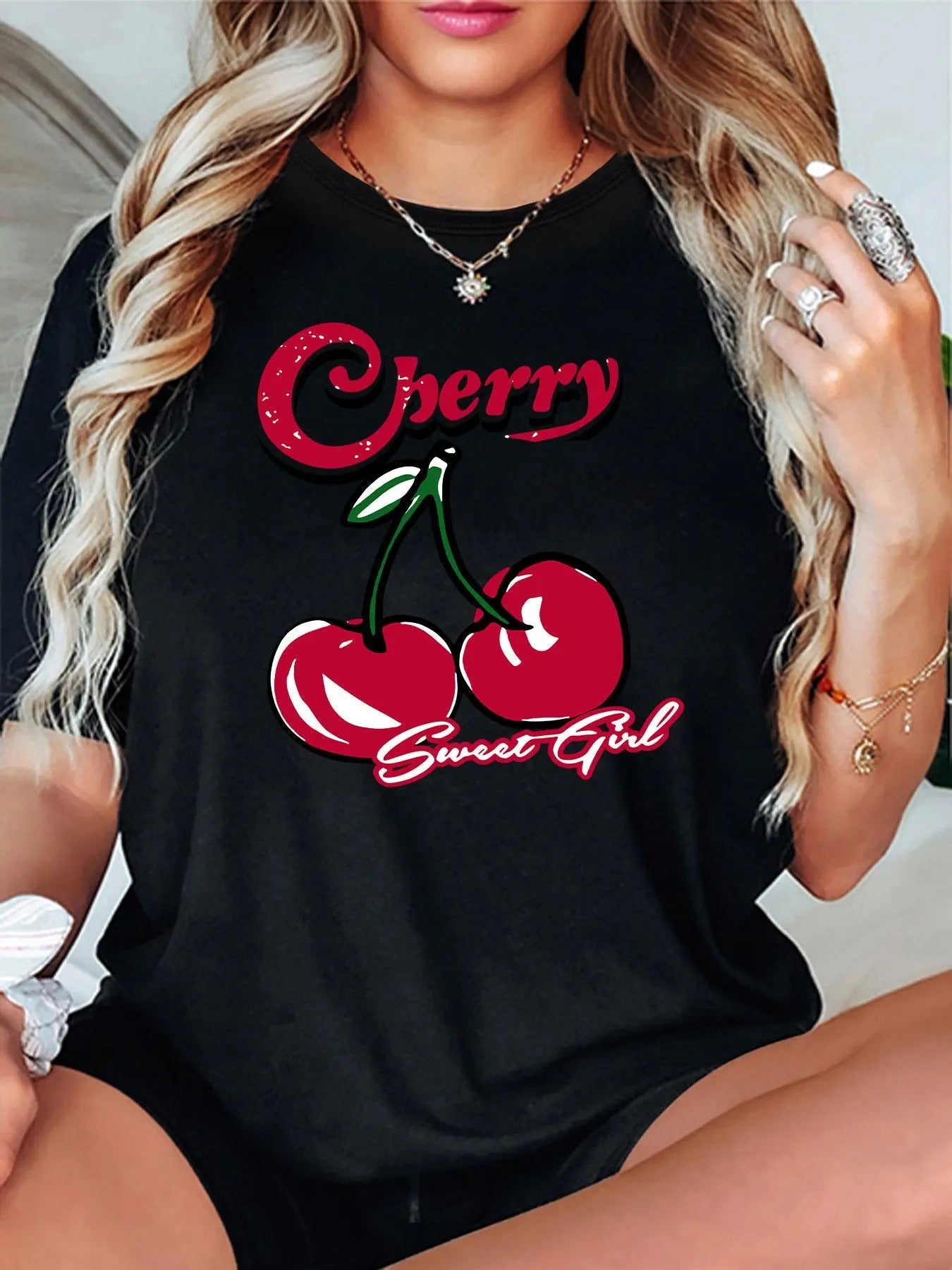 Women'WB shield Cartoon Cherry Print Round Neck Tee, Fashion Casual Short Sleeve T-shirt, Ladies Summer TNF for Daily...