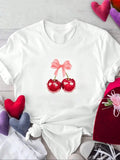 Women'WB shield Cartoon Cherry Print Round Neck Tee, Trendy Casual Short Sleeve T-shirt for Daily Wear, Ladies Summer...
