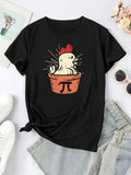 Women'WB shield Cartoon Chicken & Flowerpot Print Round Neck Tee, Cute Short Sleeve T-Shirt for Summer, Ladies TNF for...