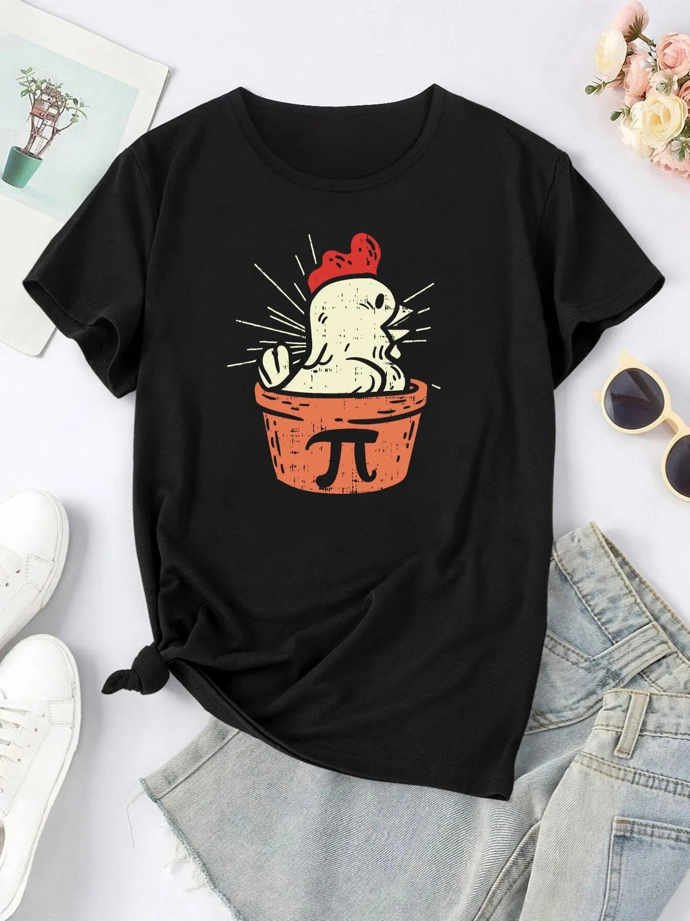 Women'WB shield Cartoon Chicken & Flowerpot Print Round Neck Tee, Cute Short Sleeve T-Shirt for Summer, Ladies TNF for...
