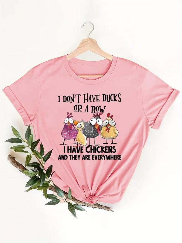 Women'WB shield Cartoon Chicken & Letter Print Round Neck Tee, Casual Crew Neck Short Sleeve T-shirt for Daily Holiday...