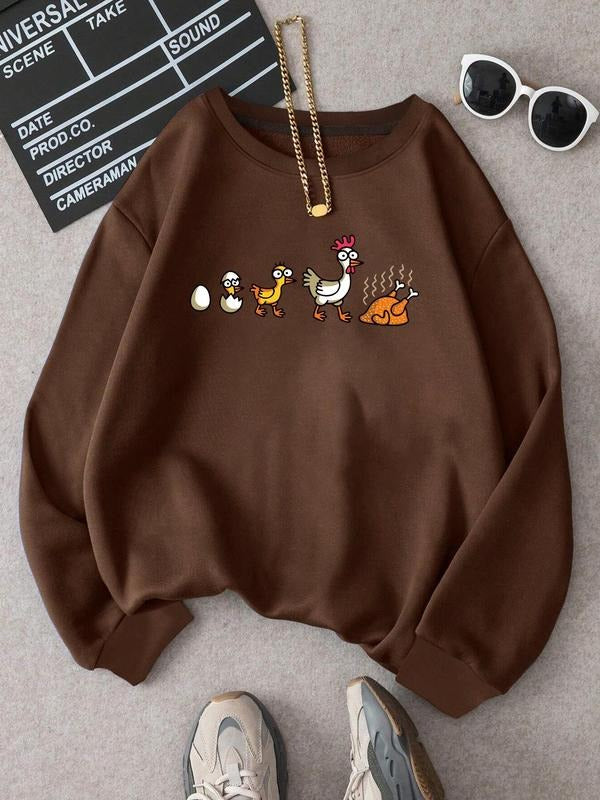 Women'WB shield Cartoon Chicken Print Drop Shoulder Sweatshirt, Casual Long Sleeve Round Neck Pullover for Fall & Winter,...