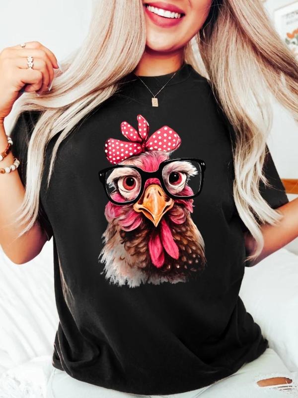 Women'WB shield Cartoon Chicken Print Round Neck Tee, Fashion Casual Crew Neck T-Shirt for Daily Holiday Vacation Outdoor...