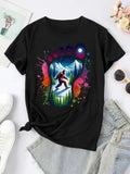 Women'WB shield Cartoon Chimpanzees & Footprints Print Round Neck Tee, Fashion Casual Short Sleeve T-shirt, Ladies Summer...