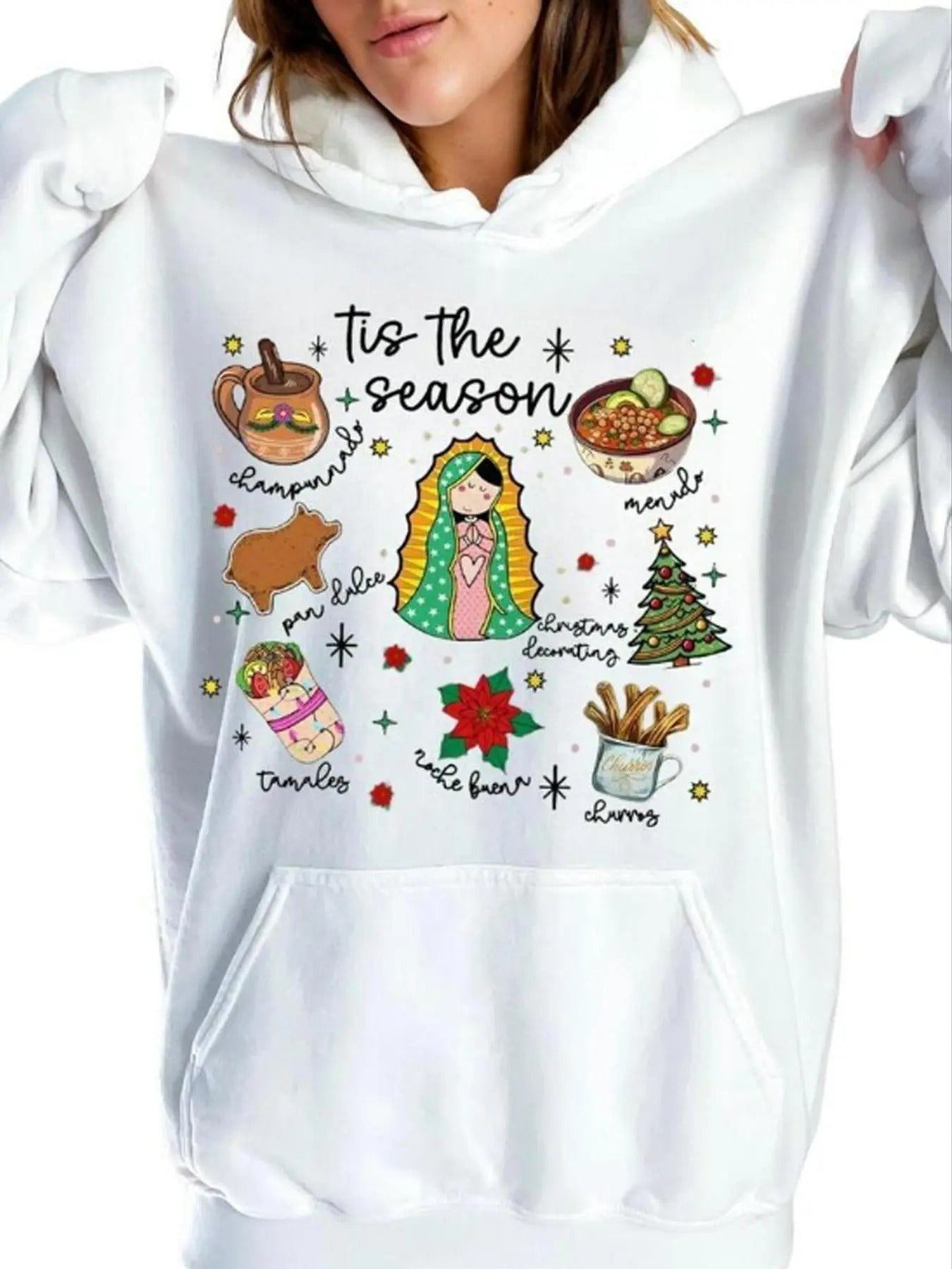 Women'WB shield Cartoon Christmas Print Hoodie, Casual Long Sleeve Hooded Sweatshirt for Daily Holiday Vacation Wear,...