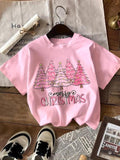 Women'WB shield Cartoon Christmas Tree & Letter Print Round Neck Short Sleeve T-shirt, Fashion Casual Crew Neck Tee for...