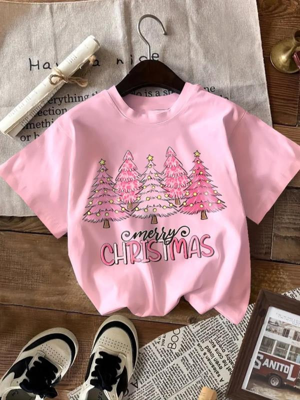 Women'WB shield Cartoon Christmas Tree & Letter Print Round Neck Short Sleeve T-shirt, Fashion Casual Crew Neck Tee for...