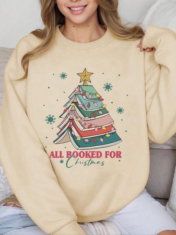 Women'WB shield Cartoon Christmas Tree Print Drop Shoulder Sweatshirt, Casual Long Sleeve Round Neck Pullover for Daily...