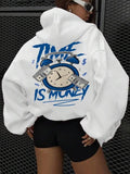 Women'WB shield Cartoon Clock & Letter Print Drop Shoulder Hoodie, Fashion Casual Drawstring Pocket Hooded Sweatshirt for...