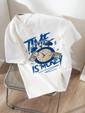 Women'WB shield Cartoon Clock & Letter Print Round Neck Tee, Fashion Casual Crew Neck Short Sleeve T-shirt for Daily...