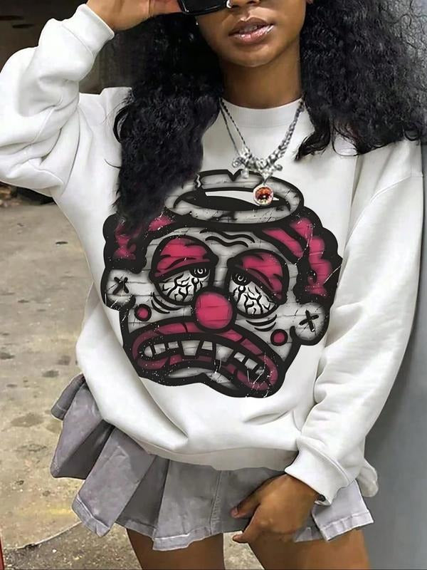 Women'WB shield Cartoon Clown Print Round Neck Sweatshirt, Fashion Casual Crew Neck Pullover for Daily Wear, Ladies TNF...