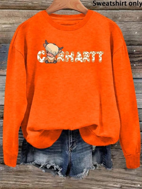 Women'WB shield Cartoon Cow & Letter Print Drop Shoulder Sweatshirt, Casual Long Sleeve Round Neck Pullover for Fall &...