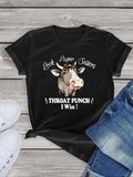 Women'WB shield Cartoon Cow & Letter Print Round Neck Graphic Tee, Vintage Trendy Casual Short Sleeve T-shirt For Daily...