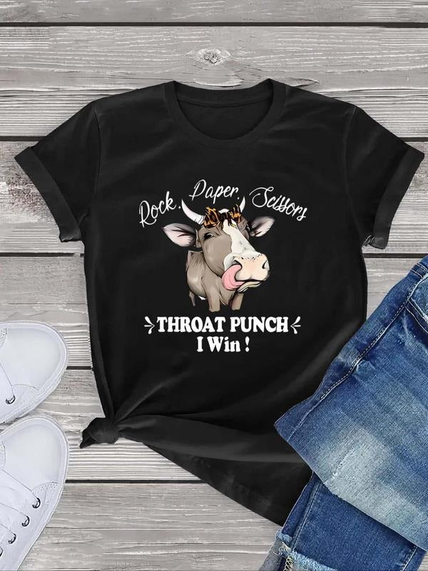 Women'WB shield Cartoon Cow & Letter Print Round Neck Graphic Tee, Vintage Trendy Casual Short Sleeve T-shirt For Daily...