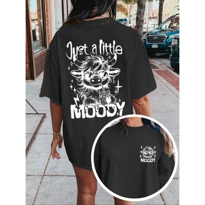 Women'WB shield Cartoon Cow & Letter Print Round Neck Tee, Fashion Casual Short Sleeve T-shirt, Ladies Summer TNF for...