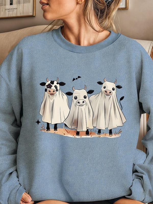 Women'WB shield Cartoon Cow Print Drop Shoulder Sweatshirt, Casual Long Sleeve Round Neck Pullover for Fall & Winter,...