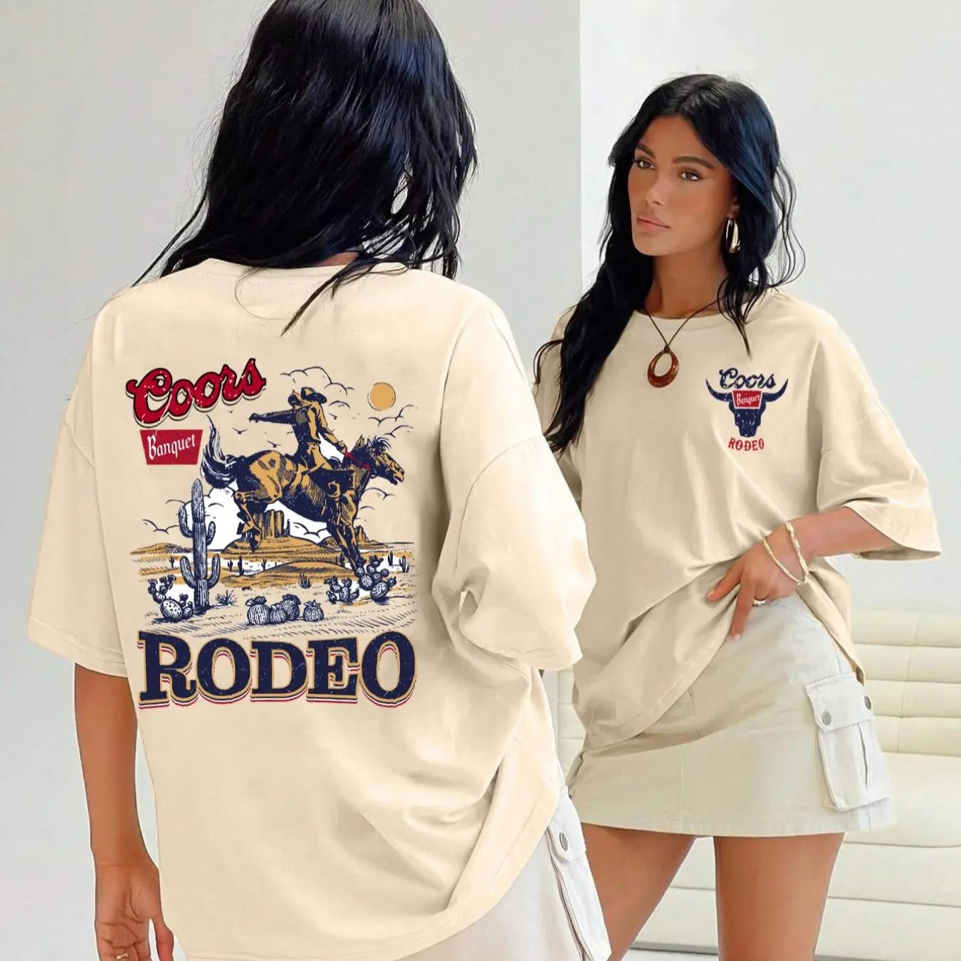 Women'WB shield Cartoon Cowboy & Letter Print Drop Shoulder Tee, Casual Half Sleeve Round Neck T-shirt for Summer,...