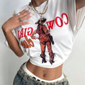 Women'WB shield Cartoon Cowboy & Letter Print Round Neck Tee, Fashion Casual Short Sleeve T-shirt for Daily Wear, Ladies...