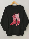 Women'WB shield Cartoon Cowboy Boots Print Drop Shoulder Sweatshirt, Casual Long Sleeve Pullover, Ladies TNF for Daily...
