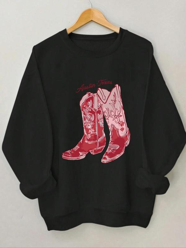 Women'WB shield Cartoon Cowboy Boots Print Drop Shoulder Sweatshirt, Casual Long Sleeve Pullover, Ladies TNF for Daily...