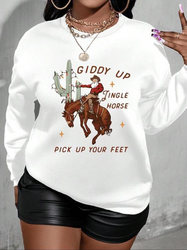 Women'WB shield Cartoon Cowboy Print Drop Shoulder Sweatshirt, Casual Long Sleeve Round Neck Pullover for Fall & Winter,...