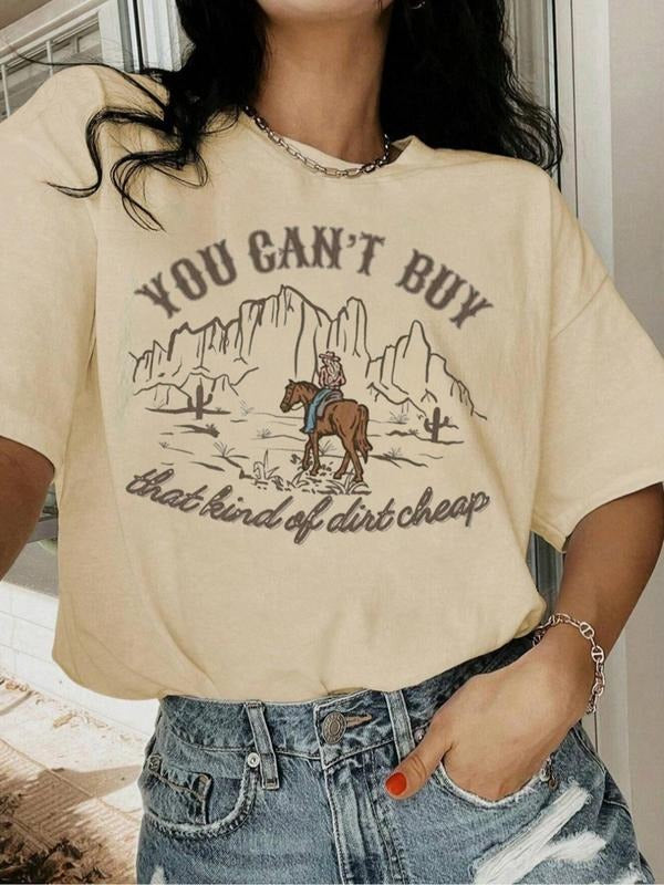 Women'WB shield Cartoon Cowboy Print Round Neck Tee, Vintage Trendy Casual Short Sleeve T-shirt for Daily Wear, Ladies...