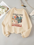 Women'WB shield Cartoon Cowgirl & Letter Print Drop Shoulder Sweatshirt, Casual Long Sleeve Round Neck Pullover for Daily...