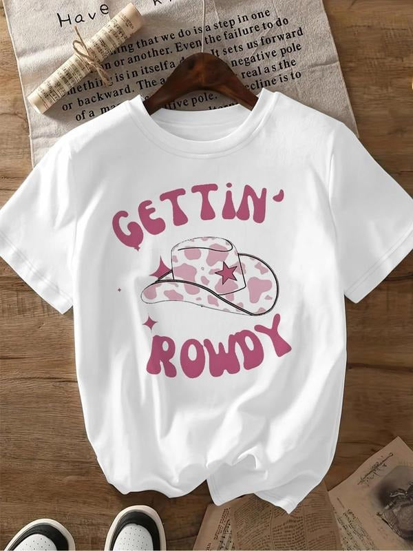 Women'WB shield Cartoon Cowgirl Print Round Neck Tee, Fashion Casual Crew Neck T-Shirt for Daily Holiday Vacation Outdoor...