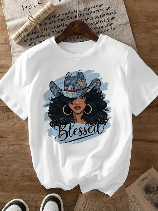 Women'WB shield Cartoon Cowgirl Print Round Neck Tee, Fashion Casual Crew Neck T-Shirt for Daily Holiday Vacation Outdoor...