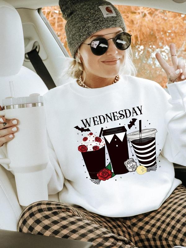 Women'WB shield Cartoon Cup Print Drop Shoulder Sweatshirt, Casual Long Sleeve Round Neck Pullover for Fall & Winter,...