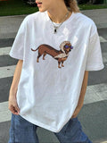 Women'WB shield Cartoon Dachshund Dog Print Round Neck Tee, Fashion Casual Crew Neck T-Shirt for Daily Holiday Vacation...