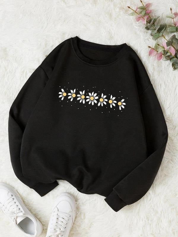 Women'WB shield Cartoon Daisy Print Round Neck Sweatshirt, Casual Drop Shoulder Long Sleeve Pullover for Daily Wear,...