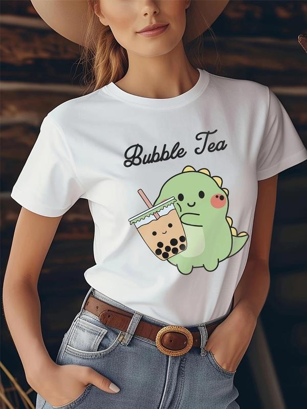 Women'WB shield Cartoon Dinosaur & Bubble Tea Print Tee, Cute Graphic Short Sleeve T-shirt for Daily Wear, Ladies TNF for...