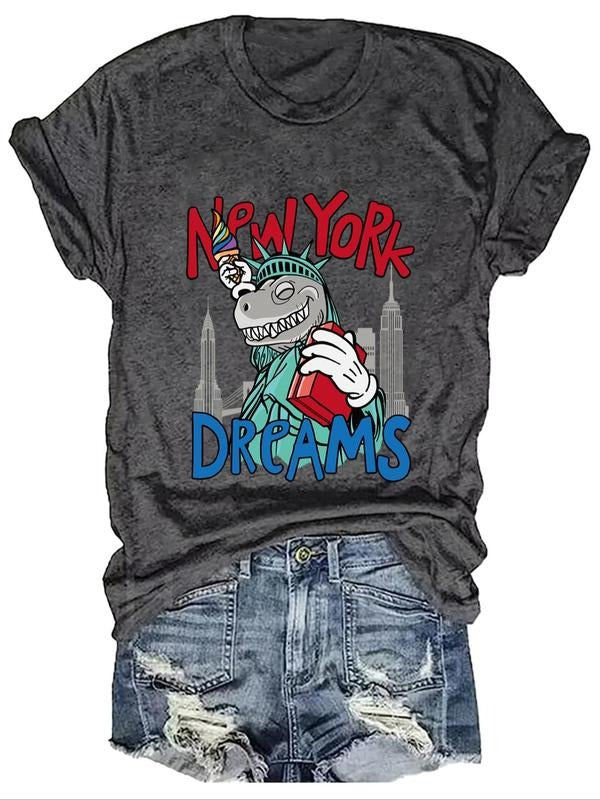 Women'WB shield Cartoon Dinosaur & Building Print Round Neck Tee, Cute Letter Graphic Short Sleeve T-shirt, Ladies Summer...