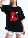 Women'WB shield Cartoon Dinosaur Print Drop Shoulder Tee, Casual Half Sleeve Round Neck T-Shirt for Daily Wear, Ladies...