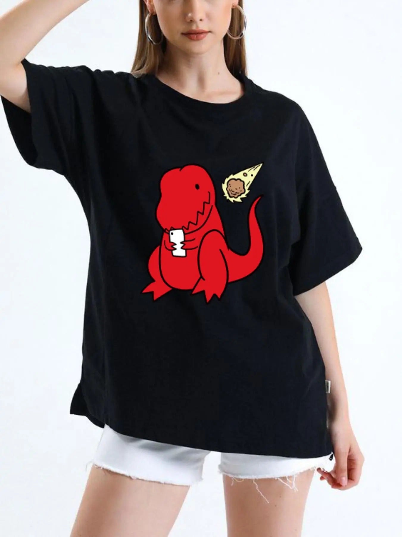 Women'WB shield Cartoon Dinosaur Print Drop Shoulder Tee, Casual Half Sleeve Round Neck T-Shirt for Daily Wear, Ladies...