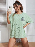 Women'WB shield Cartoon Dinosaur Print Drop Shoulder Tee, Cute Casual Half Sleeve Round Neck T-Shirt for Daily Wear,...