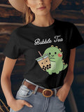 Women'WB shield Cartoon Dinosaur Print Round Neck Tee, Casual Bubble Tea Print Short Sleeve T-Shirt for Daily Wear,...
