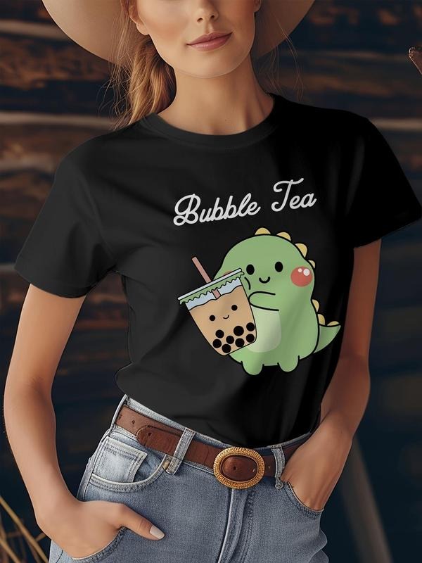 Women'WB shield Cartoon Dinosaur Print Round Neck Tee, Casual Bubble Tea Print Short Sleeve T-Shirt for Daily Wear,...