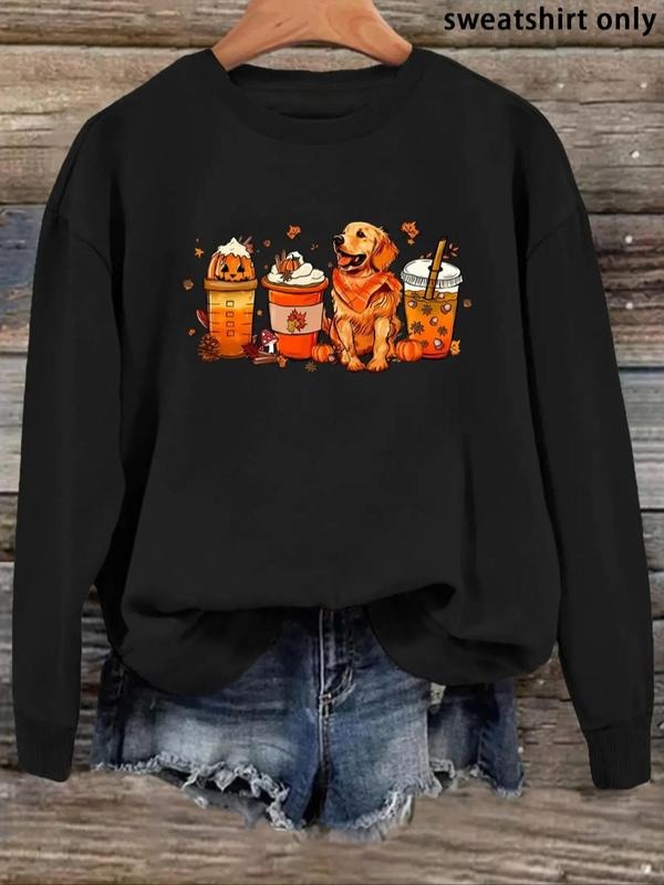 Women'WB shield Cartoon Dog & Drink Print Drop Shoulder Sweatshirt, Casual Halloween Graphic Long Sleeve Round Neck...