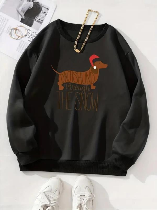 Women'WB shield Cartoon Dog & Letter Print Drop Shoulder Sweatshirt, Casual Long Sleeve Round Neck Pullover for Fall &...
