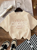 Women'WB shield Cartoon Dog & Letter Print Drop Shoulder Tee, Casual Short Sleeve Round Neck T-Shirt for Summer, Women'WB...