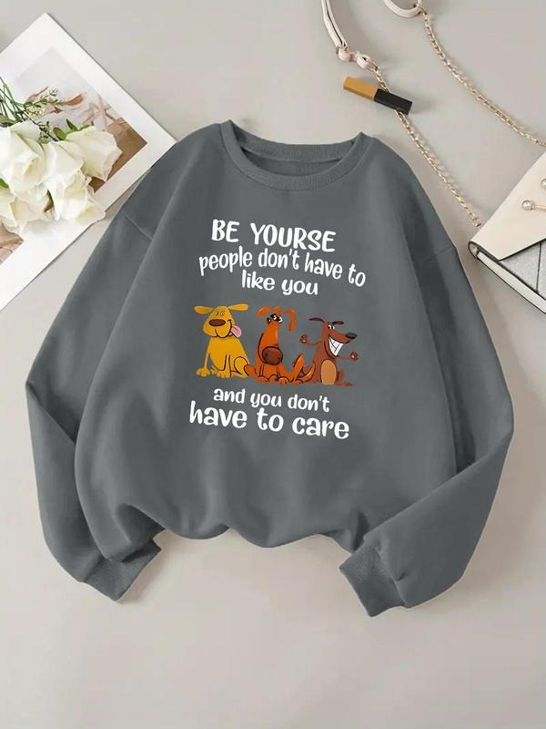 Women'WB shield Cartoon Dog & Letters Print Drop Shoulder Sweatshirt, Casual Long Sleeve Round Neck Pullover for Daily...