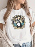 Women'WB shield Cartoon Dog & Palm Tree Print Round Neck Graphic Tee, Vintage Trendy Casual Short Sleeve T-shirt for...