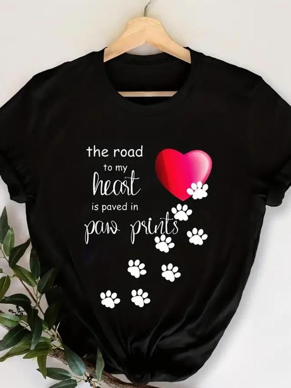 Women'WB shield Cartoon Dog Paw & Letter Print Round Neck Tee, Casual Heart Graphic Short Sleeve T-shirt for Summer,...